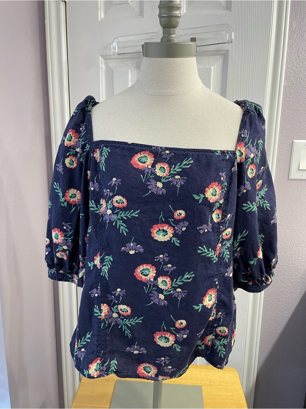 Polo Ralph Lauren Linen Navy Floral Puffy Sleeve Blouse Size 14